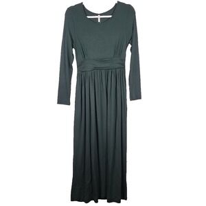 NWT CATHY S Pleated Waist Bodycon Casual Maxi Dress Crew Neck Pockets Dark Green